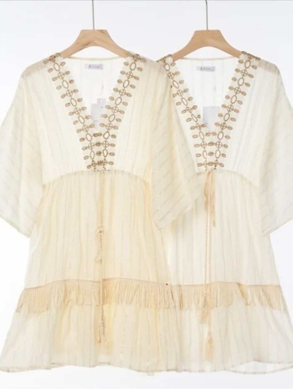 Embroidered V-Neck Boho Tunic in Ivory with Tan Trim